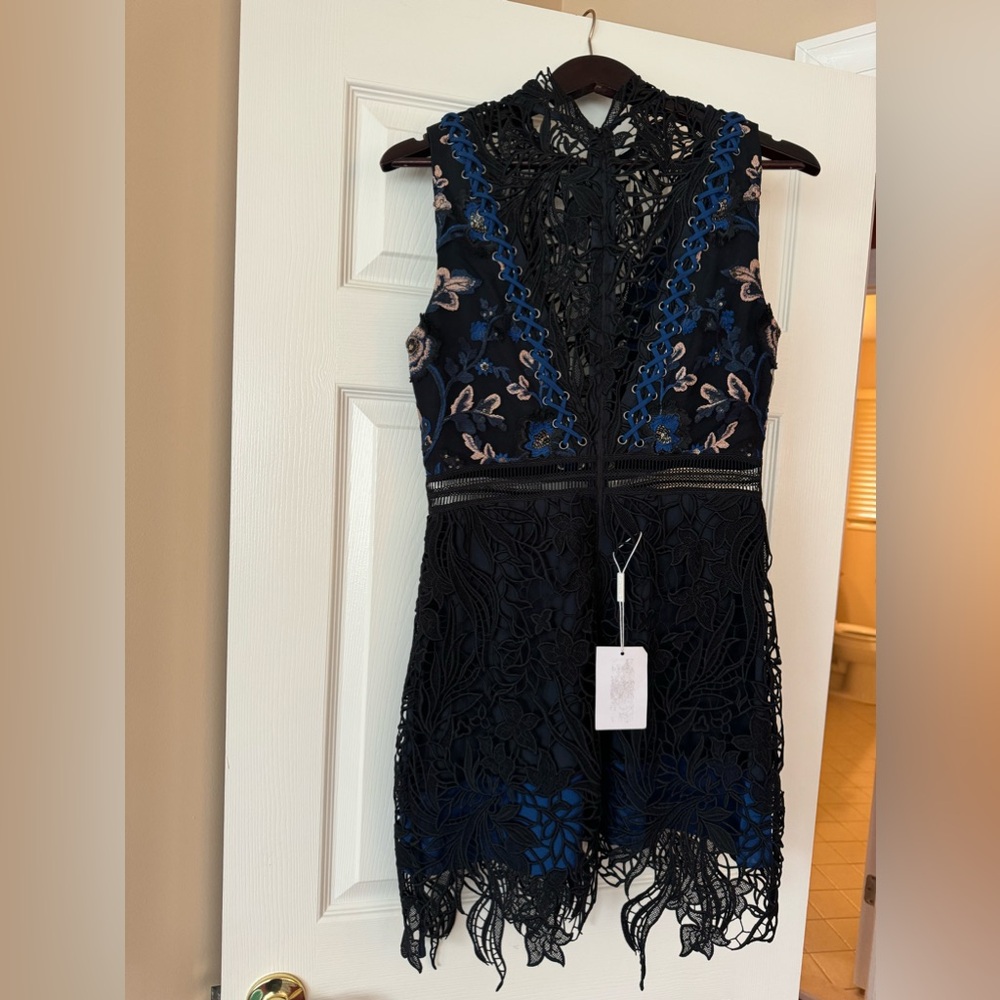 Self-portrait Clementine embroidered Floral Lace Mini Dress Blue & Black sz 6